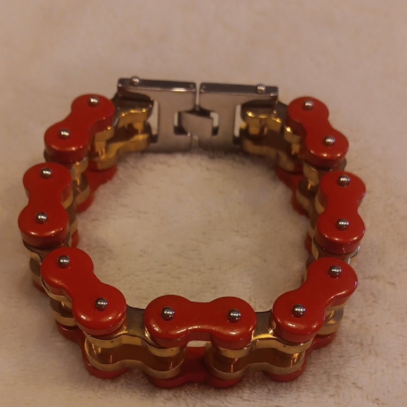 Men's 1" Wide Heavy Duty Bold Red and Gold Chain Bracelet 316L Stainless Steel - Picture 2 of 7